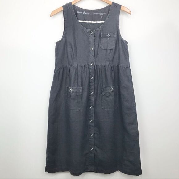 G1 Goods Summer Slate Gray 100% Linen Sleeveless Button Down Dress with Pockets - Picture 1 of 15